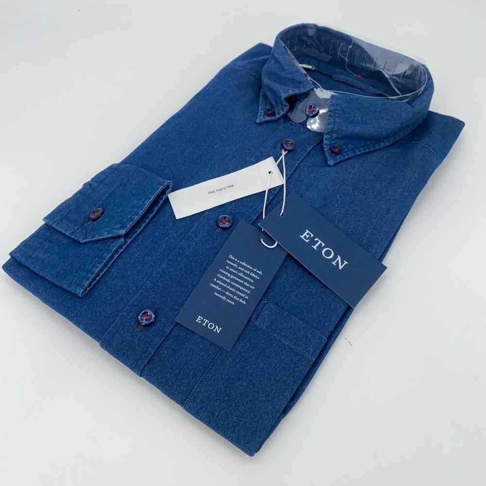Eton Dress Shirt Mens M-39 Blue Indigo Contemporary Fit Collared‎ Button Down